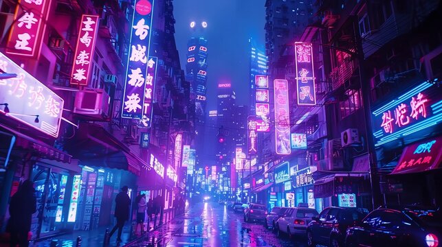 Neon lights and signs illuminate a city street