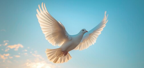 Fototapeta premium Flying white dove for world peace, Blue sky background, Peaceful dove, Symbol of harmony and unity