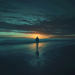 3d rendered photos of a man walking at beach at sunset, in the style of surrealistic, dream like imagery made with generative AI