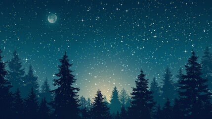 Obraz premium Minimalist night sky, forest silhouette, star, and moon background