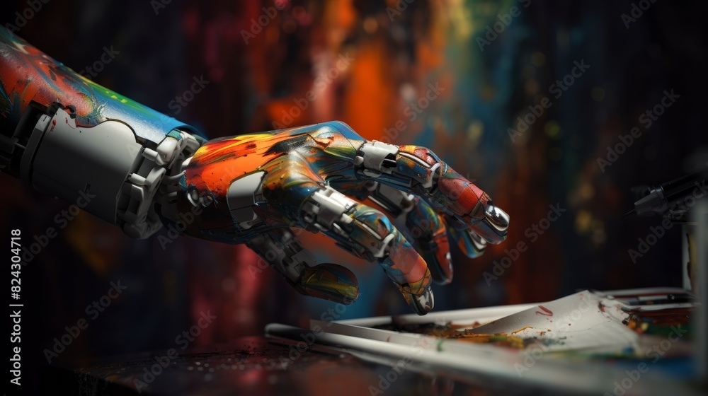 Aufkleber a close-up photo of a robot arm painting a masterpiece, showcasing its artistic capabilities and blu