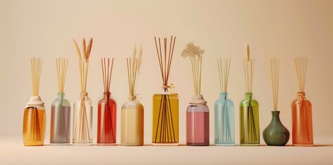 A row of different colored bottles with reed sticks, on a beige background, in a studio shot, in the photorealistic style, with high resolution.