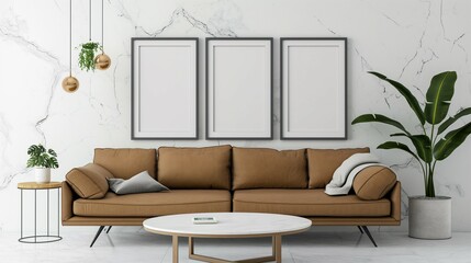 Frame mockup. Home living room interior with sofa, white marble wall poster frame. 3D render