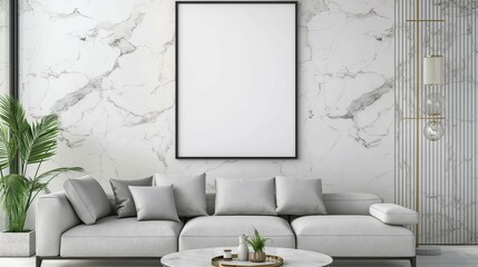 Frame mockup. Home living room interior with sofa, white marble wall poster frame. 3D render
