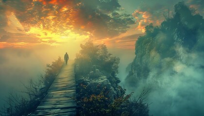 Naklejka premium The AI-generated photo shows a wooden walkway over a misty lake at sunrise.