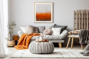 Cozy Living Room Interior With Grey Sofa and Light Decor Lit by Daylight Through Large Windows. Comfortable living room featuring gray sofa with fluffy blankets, knitted pouf, and minimalist decor.