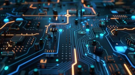 Obraz premium Blue circuit board with glowing nodes and connections