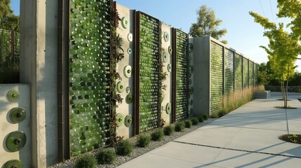 An exterior wall composed of recycled glass bottles embedded into concrete, creating a unique, environmentally friendly design. 32k, full ultra hd, high resolution