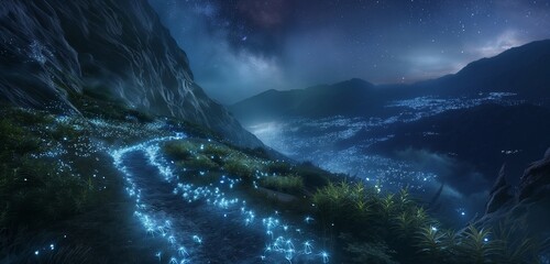 The gentle glow of bioluminescent plants on a mountain path, creating a magical, glowing trail under a dense canopy of stars. 32k, full ultra hd, high resolution