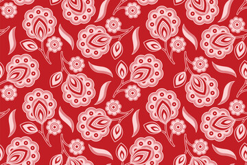 abstract flower, vibrant seamless pattern on red background, textile art, fashion artwork for fabric printing clothing, bags, ethnic design.