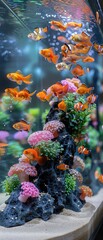 A beautiful saltwater aquarium with various types of clownfish and goldfish swimming around colorful coral.