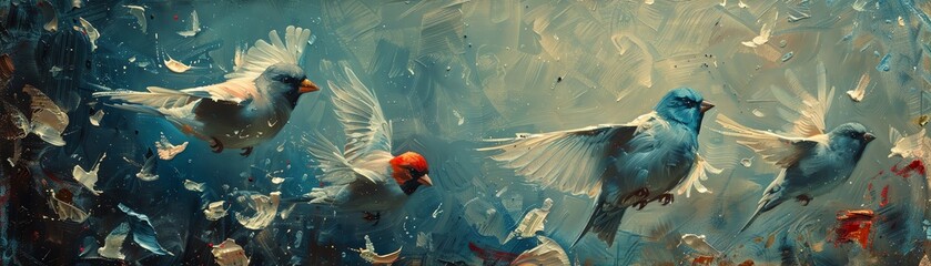 A surreal painting where currency notes turn into birds flying across borders