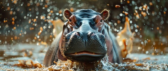 Hippopotamus relaxing in muddy water, bubbles rising, natural swamp environment, funny and candid moment, wildlife in action, copy space - Powered by Adobe
