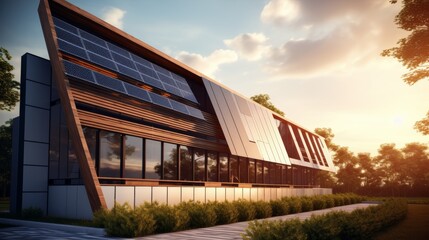 Obraz premium A close-up photorealistic image of a modern eco-friendly building with natural ventilation and lighting systems.