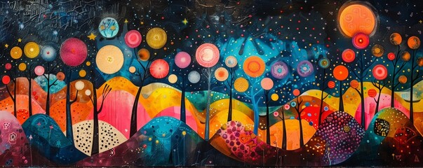 The image is a whimsical depiction of a forest, with brightly colored trees and flowers. The colors are vibrant and saturated, and the overall effect is one of happiness and joy.