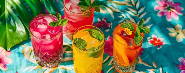Colorful array of summer mocktails with hibiscus and mint garnishes