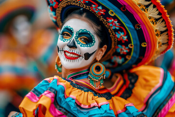 Mexican dancers in colorful costumes performing in Day of the Dead