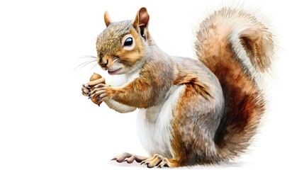 A playful watercolor image of a squirrel holding an acorn, with rich browns and soft grays, giving a lively texture to its bushy tail, set against a stark white background. 