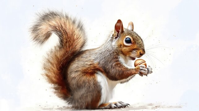 A playful watercolor image of a squirrel holding an acorn, with rich browns and soft grays, giving a lively texture to its bushy tail, set against a stark white background.