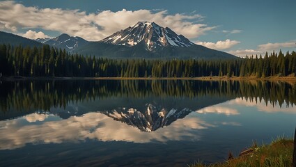 dark lake surrounded by dense green and black pine trees with a large grey mountain looming in the background.  - Powered by Adobe