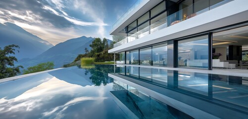 An ultra-modern luxury villa with clean lines, expansive glass walls, and an infinity pool reflecting the sky, nestled in a secluded mountain region. 32k, full ultra hd, high resolution - Powered by Adobe