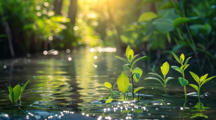 Naklejka premium Plants growing on the sunlit surface of a tiny river