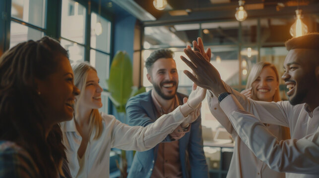 Happy multiethnic business team with smiling people in the office putting hands together showing unity and support