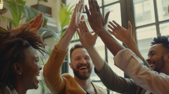 Happy multiethnic business team with smiling people in the office putting hands together showing unity and support