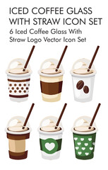 Iced coffee glass with straw logo vector icon set