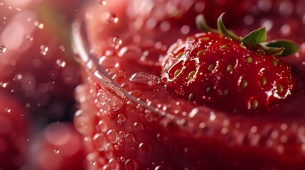 A macro shot of droplets condensing on the surface of a cold strawberry smoothie glass, highlighting its freshness