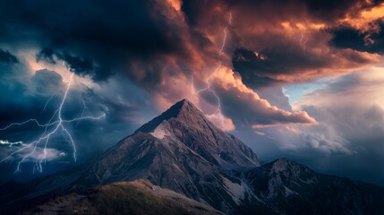 The peak of a mountain during a thunderstorm, with lightning striking nearby and dramatic, dark storm clouds overhead. 32k, full ultra hd, high resolution - Powered by Adobe