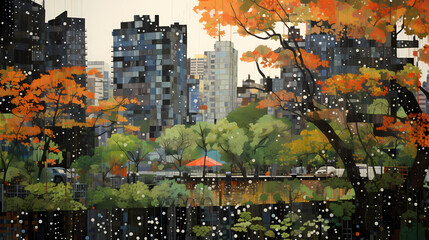 fall day amidst the busy city landscape abstract illustration decorative painting