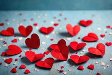 Valentine's day romantic concept with small red hearts scattered on blue background
