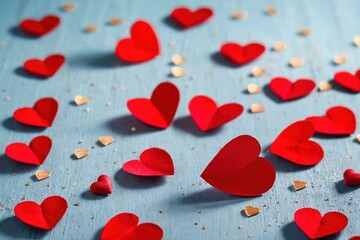 Valentine's day romantic concept with small red hearts scattered on blue background