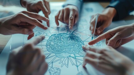 A group of people are pointing at a brain-shaped image on a table. The image is surrounded by hands. AIG535