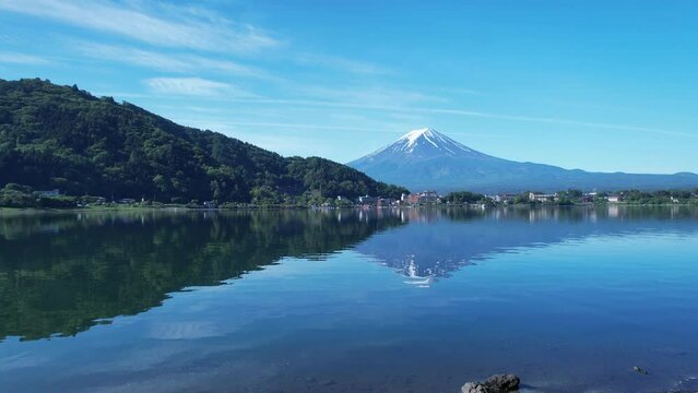 fuji mountain in yamanashi, kawaguchiko, in drone and pan moving