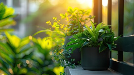 commercial photo, close-up, balcony plants, bottom view, soft light