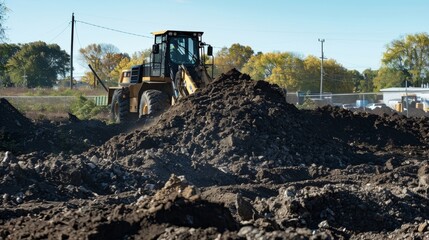 A large bulldozer pushing mounds of soil and rocks into designated piles for later use.