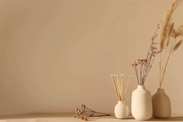A still life of incense sticks and vases with dried flowers on a table against a beige background,