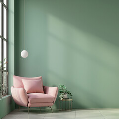 Home interior with pink armchair and sofa on empty green wall background,Minimal room- 3D rendering