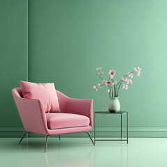 Home interior with pink armchair and sofa on empty green wall background,Minimal room- 3D rendering