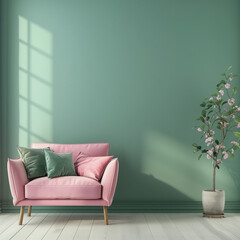 Home interior with pink armchair and sofa on empty green wall background,Minimal room- 3D rendering