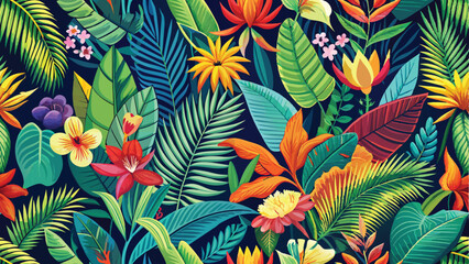 Naklejka premium Seamless pattern of vibrant tropical leaves and exotic flowers, evoking the lushness of a tropical rainforest.