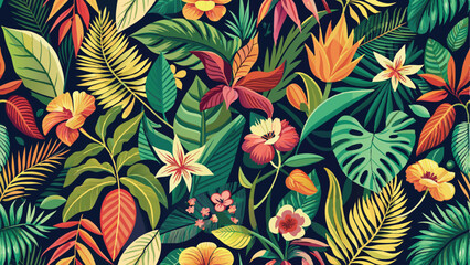 Seamless pattern of vibrant tropical leaves and exotic flowers, evoking the lushness of a tropical rainforest. © Ranadhie