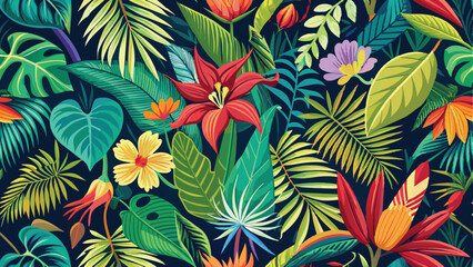 Seamless pattern of vibrant tropical leaves and exotic flowers, evoking the lushness of a tropical rainforest.