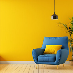Home interior with blue armchair and sofa on empty yellow wall background,Minimal room- 3D rendering