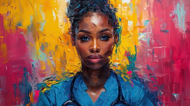 A vibrant painting of a nurse with a protective health shield. stock photo
