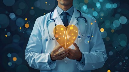 An illustration of a doctor holding a protective shield with a heartbeat line. stock image