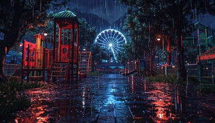A rainy night at the amusement park, with a Ferris wheel glowing in the distance, and a playground in the foreground.  The rain creates a reflective surface on the ground.