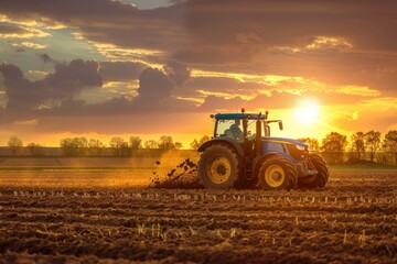 Obraz premium A modern tractor at work, plowing the fields during sunset, creating a dynamic rural scene